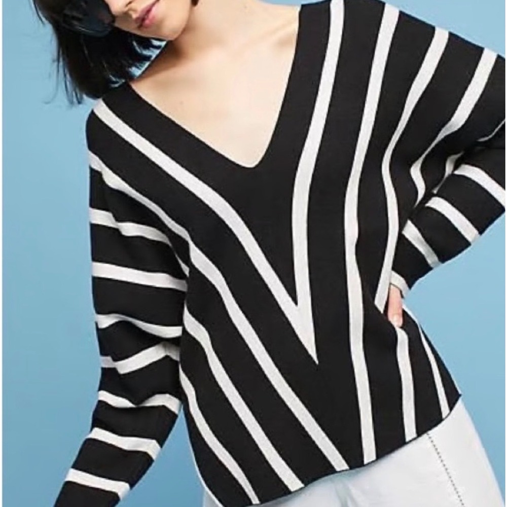 Moth Anthropologie Black White Striped V-Neck Dolman Sweater Small P